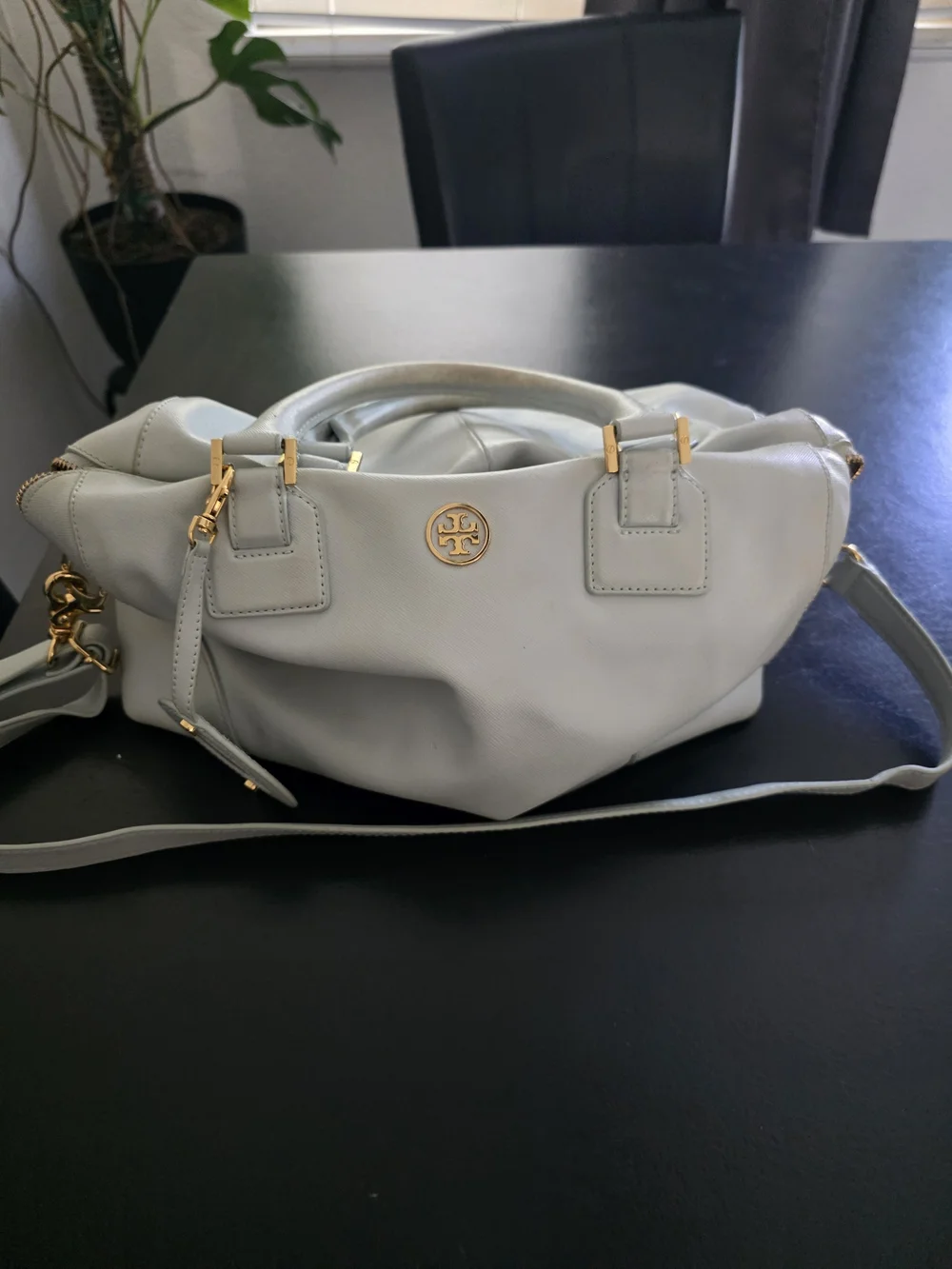 White Leather Satchel Handbag with Gold Accents